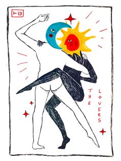 a drawing of a woman holding a sun and moon