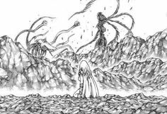 a black and white drawing of two people standing in the middle of a mountain range