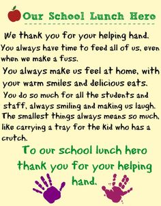 an apple and hand print with the words, our school lunch hero we thank you for your helping hand