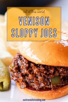 a close up of a sandwich on a plate with pickles and text overlay that reads, best of the world venison sloppy joes