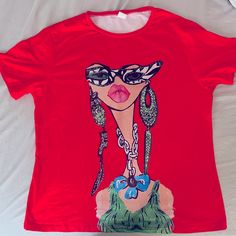 Super Cute Graphic Shirt “Lady With Attitude” New Never Worn Trendy Red T-shirt For Party, Red Shirt For Spring Party, Red Party Shirt For Spring, Red Printed Crew Neck Top, Casual Red Printed Blouse, Red Crew Neck Printed Top, Trendy Red Printed T-shirt, Red Crew Neck Blouse For Summer, Trendy Red Short Sleeve Shirt