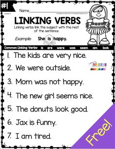 the worksheet for linking verbs is shown in purple and black with an image of