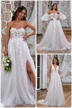 a collage of photos showing different styles of wedding dresses