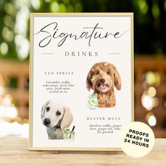 a card with an image of a dog and the words signature drinks written on it