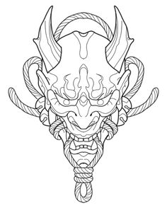 the head of a demon with horns and fangs on it's face is drawn in black