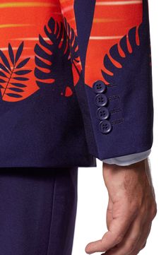 Evoke tropical vibes in this vibrant two-piece suit inspired by beachy sunsets and crashing waves. 2-piece set Jacket has notched lapels; four-button cuffs; two-button closure; chest welt pocket; front flap pockets; side vents; fully lined; four interior pockets Pants have zip fly with hook-and-button closure; four-pocket style 100% polyester Machine wash, line dry Imported Model stats: 6'1" height, 32" waist. Model is wearing size 40. Fitted Printed Summer Blazer, Summer Fitted Printed Blazer, Brand Names And Logos, Heeled Rain Boots, High Heel Rain Boots, Waves Crashing, Pockets Pants, Slim Fit Jackets, Crashing Waves