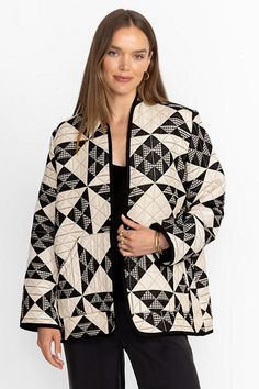 Embellished with an eye-catching graphic pattern, the Quilted Jacket is crafted from a unique cotton blend. Featuring an open front and cozy quilted body, this jacket is finished with slip pockets at the sides. Layer over a mock turtleneck and pair with wool trousers and kitten heels for a day at the office. Johnny Was Women's Quilted Jacket in Ramel Plaid Black, Size XL, Cotton Quilted Jacket Pattern, Quilted Clothing, Womens Quilted Jacket, Day At The Office, Quilt Jacket, Creative Stuff, Boho Chic Outfits, Wool Trousers, Quilted Coat