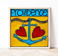 an art piece with the word providence written on it in blue, yellow and red