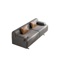 a gray couch with two brown pillows on it's back and one black seat