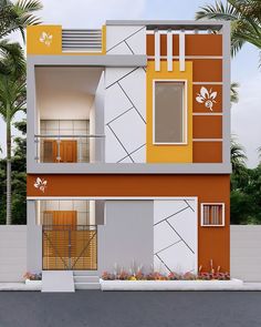 the front view of a two story house with orange and white paint on it's walls