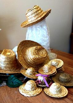 2 cowboy style hats - 11 inches in diameter3 farmer style hats -  11 inches in diameter10 small straw hats  - 4 inches in diameter1 wide brim style hat - 4 inches in diameter1 hat with flowers and ribbon - 3 inches in diameter Farmer Style, Hat With Flowers, Hat Ornament, Montana Usa, Metal Crown, Doll Dress Patterns, Straw Hats, Cowboy Style, Accessories Clothing