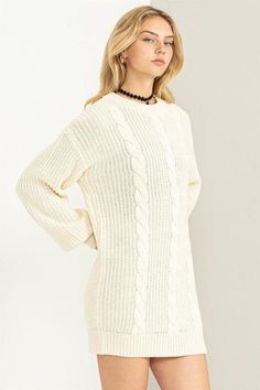 Indulge in style and comfort with the Cable-Knit Ribbed Mini Sweater Dress. This dress is designed to captivate, boasting a mix of knits that effortlessly exude chic vibes. With a crew neck, drop shoulders, and long sleeves, it offers a blend of fashion and coziness. The body-hugging fit accentuates your curves in an alluring manner, making it a must-have piece for your wardrobe. Material: 100% Acrylic Stretch fabric Non-sheer fabric Care Instructions: Machine wash cold-Gentle cycle-Tumble dry l Ribbed Knit Cropped Sweater, Ribbed Knit Mini Sweater Dress, Fall Cable Knit Sweater Dress, Trendy Knit Sweater Dress, Trendy Ribbed Sweater Dress For Fall, Fitted Textured Knit Sweater Dress For Fall, Chic Stretch Knit Sweater Dress, Casual Knitted Sweater Dress In Solid Color, Casual Cable Knit Sweater Dress For Winter