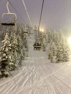 a ski lift with people on it going up the mountain in front of snow covered trees