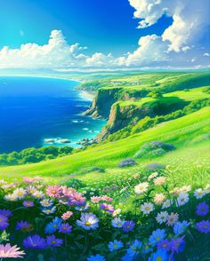 an anime landscape with flowers and the ocean in the background