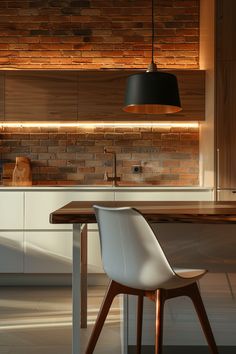 a modern kitchen with white chairs and wooden counter tops