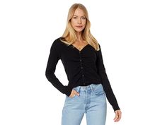 Lilla P Long Sleeve Shirred Cardigan - Women's Clothing : Black : Flex a cool and comfy vibe wearing Lilla P Long Sleeve Shirred Cardigan. V-neckline. Button closure. Long sleeves. 100% cotton. Machine wash, tumble dry. Imported. Measurements: Length: 22 in Sleeve Length: 31 in Product measurements were taken using size SM. Please note that measurements may vary by size. Mini Cardigan, Clothing Black, Crew Neck Top, Cardigan Tops, Black Bodysuit, Black Cardigan, Preppy Style, Ruffle Trim, Cardigans For Women