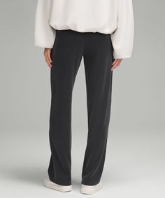 Tailored Look, Lounge Feel. These Peach-Fuzz Soft, Trouser-Inspired Pants Bring Pajama-Level Comfort To Work Days And Travel Days. Designed For Casual. Slim Fit Skims Your Body:falls Straight Down From Hip To Hem:29.5" Inseam Is Intended To Skim The Floor For Heights Of 55"-58". Hand Pockets With Hidden Card Sleeve. Faux Fly And Back Welt Pockets. Continuous Drawcord. Pull-On Waistband Is Flat On The Inside For A Smooth, Distraction-Free Feel Next To Skin. | Softstreme Pintuck Mid-Rise Pant Regular Lululemon Relaxed Fit Yoga Bottoms, Lululemon Wide Leg Yoga Pants, Fitted Pants For Loungewear With Straight Hem, Fitted Pants With Straight Hem For Loungewear, Fitted Loungewear Pants With Straight Hem, Lululemon Relaxed Fit Loungewear Bottoms, Casual Full-length Lululemon Pants, Casual Full Length Lululemon Pants, Lululemon Relaxed Fit Full Length Bottoms