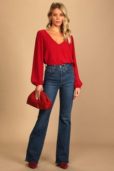 Shein Long Sleeve Top, Red Top Outfit Ideas, Red Top And Jeans Outfit, Dressy Tops With Jeans, Red Long Sleeve Shirt Outfit, Red Top Outfit Casual, Red Blouse Outfit, Red Shirt Outfit, Womens Dressy Pants