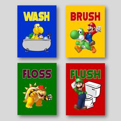 four different nintendo bathroom signs with mario, luigi and toad in the same color scheme