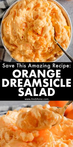 an orange cheese salad in a bowl with text overlay that reads, save this amazing recipe