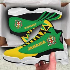 Jamaica Flag High Top Sneakers New Version Synthetic Jordan Shoes With Round Toe For Sports, Synthetic Jordan Shoes For Sports With Round Toe, Cushioned High-top Sneakers For Light Sports, Custom Sneakers With Textured Sole For Sports, Custom Sports Sneakers With Textured Sole And Round Toe, Jordan Leather Shoes With Rubber Sole And Round Toe, Jordan Shoes With Boost Midsole And Round Toe, Leather Jordan Shoes With Rubber Sole And Round Toe, Leather Jordan Shoes With Rubber Sole