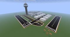 an airport in minecraft is shown with the control tower and parking lot behind it