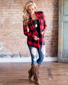 Tartan Plaid Cardigan (Red) - La Bella Fashion Boutique Plaid Shirt Outfit, Patch Cardigan, Patchwork Cardigan, Flannel Outfits, Red Plaid Shirt, Plaid Cardigan, Elbow Patch, Long Sleeve Plaid Shirt, Lightweight Cardigan