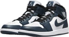 Navy Leather High-top Sneakers With Boost Midsole, Navy Leather High-top Basketball Shoes, Navy Leather High-top Sneakers, Air Jordan 1 Fearless, Jordan 1 Fearless, Jordan 1 Blue, Blue Chill, Teal Accents, Wings Logo