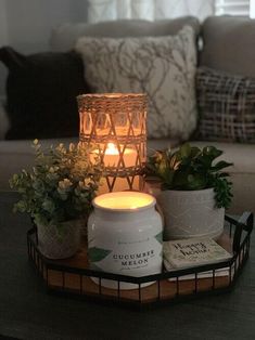 a candle sitting on top of a tray with potted plants