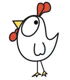 a drawing of a chicken with an orange comb on it's head