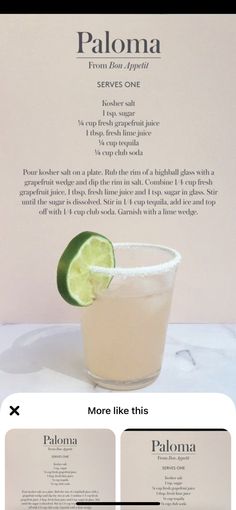 the menu for paloma is shown with two margaritas and lime slices on it