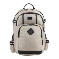 a white backpack with black trims on the front