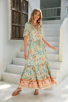 Beautiful Floral Print Flowy Dress with a Ruffle Hemline, Midi Length.  #affiliatelink Bohemian Midi Dress, Casual Boho Style, Bohemian Summer Dresses, Boho Chic Outfits, Lightweight Dress, Boho Casual, Lovely Dresses, Bohemian Dress, Flowy Dress