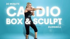 a woman standing in front of a blue background with the words cardio box and sculpt