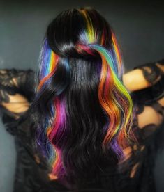 Dark Rainbow Hair, Dark Minimalist Aesthetic, Dark Minimalist, Color Block Hair, Dark Rainbow, Split Dyed Hair, Pretty Rainbow, Cute Hair Colors, Rainbow Hair Color