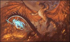 an illustration of a dragon attacking a demon