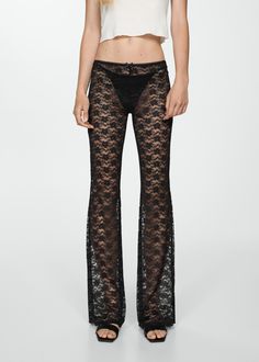 Straight lace trousers  - Woman | MANGO USA Mango Trousers, Lace Pants, Decorative Bows, Total Look, New Generation, Design Floral, Co Ord, Sheer Fabrics, Lace Fabric