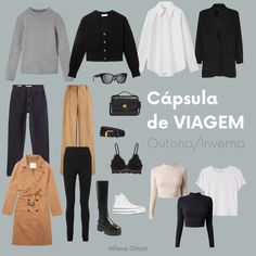 various clothes and accessories are arranged in the shape of a collage with words that read cappula de viagem