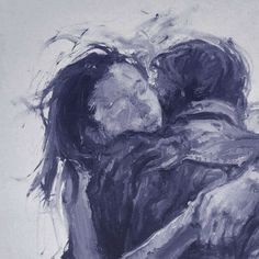 a painting of two people hugging each other with one holding the other's head