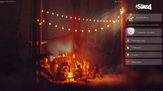 an image of people sitting around a campfire at night with lights on the poles