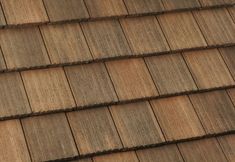 a bird is sitting on the roof of a house with wood shingles in front of it