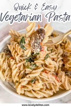 a fork full of pasta with meatballs and veggies on it that says quick & easy vegetarian pasta