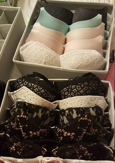 This set includes four bins: a six-cell (for scarves and ties), an eight-cell (for underwear, briefs, and ties), a seven-cell (for bras), and a 24-cell (for socks). Promising review: "I ordered two sets of these when I recently moved and decided that I wanted my closet and drawer to have a Zen-like feel of organization. I absolutely love these organizers. My socks and delicates are nicely organized and easy to find on my closet shelf. My sports bras are organized by color and easy to access in t Organization Bras, Lingerie Aesthetic, Bra Organization, Organisation Ideas, Drawer Organization, Scarf Hanger, Drawer Divider, Storage House