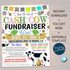 Cash Cow Fundraiser Flyer Template | TidyLady Printables Fundraiser Ideas School, Pta Organization, School Fundraising Events, Organization Business, Unique Fundraisers, Pta Fundraising, Easy Fundraisers, Fun Fundraisers, Fundraiser Event