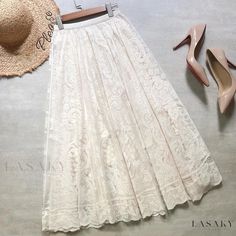 Lasaky - Lace Midi Skirt with High Waist, Hollow-Out Design, Flowy Hem and A-Line Silhouette Beige Skirts, Cheap Maxi Skirts, Cruise Clothes, Basic Streetwear, Big Skirts, Flowy Maxi Skirts, Fairy Skirt, Beige Skirt, Lace Midi Skirt