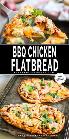 bbq chicken flatbread pizza on a baking sheet with text overlay that reads, bbq chicken flatbread