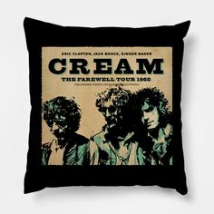 the cream concert poster on a black pillow cover with an image of two men