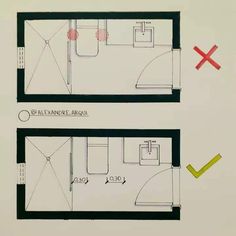 two drawings showing the layout of a bathroom and bedroom