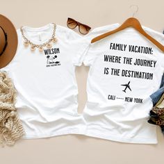 You will fall in love with our matching family vacation shirts. Our family vacations tees fit like a well-loved favorite and have a custom quality print. All orders ship within 2-5 days and are backed by our 100% happiness guarantee.  ✨OUR SHIRTS - Classic unisex jersey  - Direct to Garment Print  - Runs true to size  ✨PROCESSING TIMES Your order will ship within 2-5 days and then another 1-4 days for delivery to you. If we expect additional delays due to holidays or weather, we will let you know. Please contacts us for express shipping options.  ✨SIZING  Take a look at the photos to see a specific sizing chart for this t-shirt style. Please note that these shirts are unisex size meaning they are not women's fitted shirts. If you're going for a more fitted look, we suggest sizing down. If Family Vacation T-shirt With Custom Print, Family Matching Short Sleeve Shirts For Vacation, Family Matching Short Sleeve Shirt For Vacation, Graphic Tee T-shirt For Family Vacation, Family Vacation Fun T-shirt With Letter Print, Family Matching Vacation T-shirt, Family Matching T-shirts For Vacation, Family Matching T-shirts For Family Vacation, Family Matching Graphic T-shirt For Family Vacation