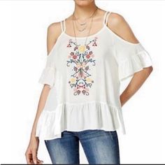 Almost Famous Juniors Embroidered Cold-Shou White White Size Small New With Tags Tx1880-D948-3021-Mc Crave Fame White Off The Shoulder Top Almost Famous Casual Embroidered Top For Spring Vacation, Casual Embroidered Spring Vacation Top, Spring Vacation Embroidered Top, Embroidered Spring Tops For Summer, Embroidered Summer Top For Spring, Spring Embroidered Tops For Day Out, White Off The Shoulder Top, Pink Floral Blouse, White Off The Shoulder